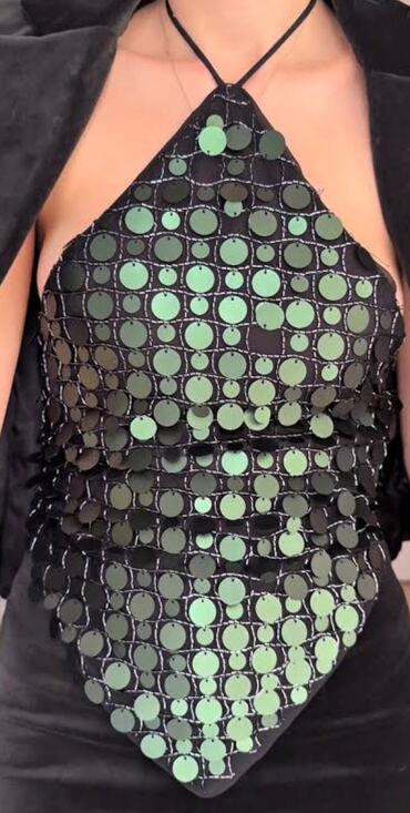 Zara Tops - Zara Dark Green Sequin Halter Top Handkerchief Asymmetric Size XL